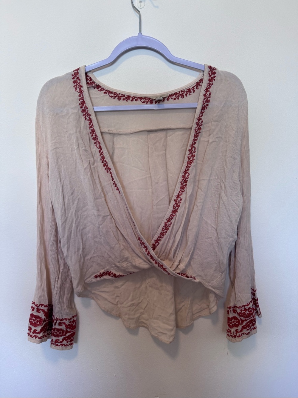 Women’s Beige Surplice Top with Red Embroidered Trim